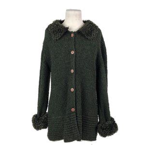 Side Effects Green Boucle Knit Cardigan Jacket Fluffy Collar Cuffs 80s Sz Large
